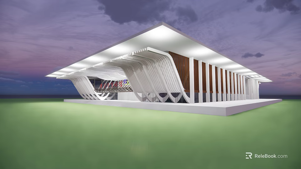 Modern Building With Unique White Structure And Lighting On Grassland 3d model 