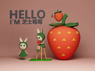 Adorable Green Rabbit Dolls On Ladder With Strawberry Doll Watering Can Cheese Strawberry Theme 3d model