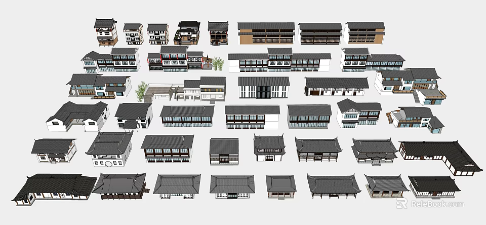 Various Traditional Modern Homestay Buildings With Black Roofs And Architectural Styles 3d model 