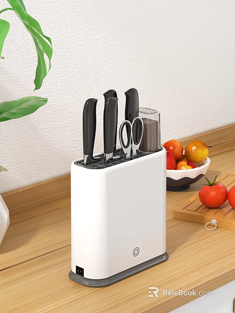 Kitchen Knife Block With Black Knives Scissors On Wooden Countertop With Fruit Bowl And Tomatoes 3d model 