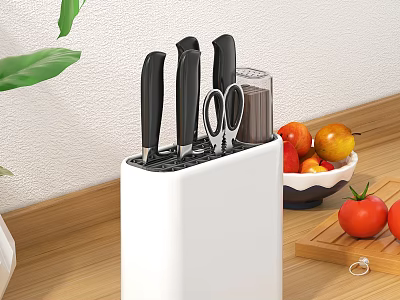 Kitchen Knife Block With Black Knives Scissors On Wooden Countertop With Fruit Bowl And Tomatoes 3d model