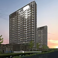 Modern High Rise Residential Building With Balconies Greenery And Entrance Under Blue Sky
