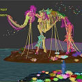 Ancient Mammoth Skeleton and Woman Hair on Island with Vines and Water