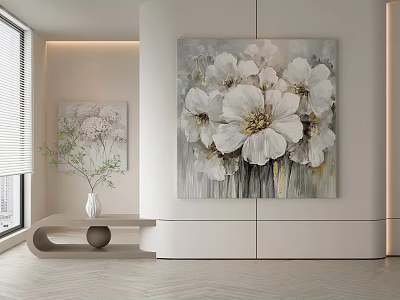 Modern Interior Wall Decor With Large White Floral Botanical Painting 3d model