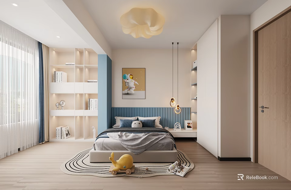 Modern Kids Room Interior With Blue Headboard And Toys 3d model 