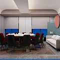 Elegant Modern Private Dining Room Interior With Round Table Red Chairs Sofa And Large Windows 3d model