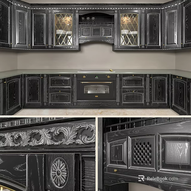 Elegant Black Kitchen Cabinets With Intricate Carvings And Marble Countertop Design 3d model 