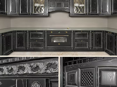 Elegant Black Kitchen Cabinets With Intricate Carvings And Marble Countertop Design 3d model