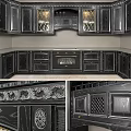 Elegant Black Kitchen Cabinets With Intricate Carvings And Marble Countertop Design