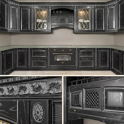Elegant Black Kitchen Cabinets With Intricate Carvings And Marble Countertop Design 3d model
