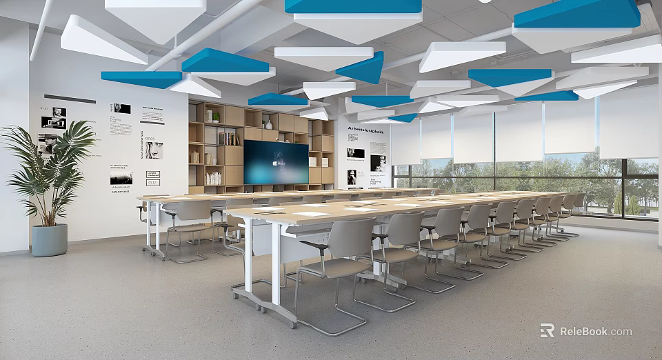 Modern School Learning Space With Geometric Ceiling Blue White Decor Long Tables Bookshelves And Windows 3d model 