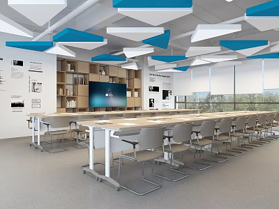 Modern School Learning Space With Geometric Ceiling Blue White Decor Long Tables Bookshelves And Windows 3d model