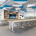 Modern School Learning Space With Geometric Ceiling Blue White Decor Long Tables Bookshelves And Windows