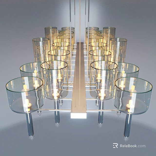 Contemporary Glass Chandelier With Multiple Glass Shades Metal Frame And Illuminated Candles 3d model 