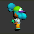 Game And Movie Character Blue Hair Rainbow Shirt Standing On Colorful Skateboard Holding Green Item