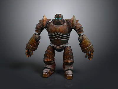 Rusty Metallic Robot Character With Blue Glowing Eyes And Humanoid Creature Armor 3d model