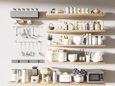 Modern Kitchen Storage Shelves With Various Kitchenware Mugs Bowls Spatulas Coffee Maker And Microwave 3d model