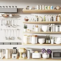 Modern Kitchen Storage Shelves With Various Kitchenware Mugs Bowls Spatulas Coffee Maker And Microwave