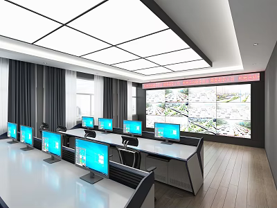 Modern Monitoring Room Setup With Multiple Computer Monitors And Large Display Screen 3d model