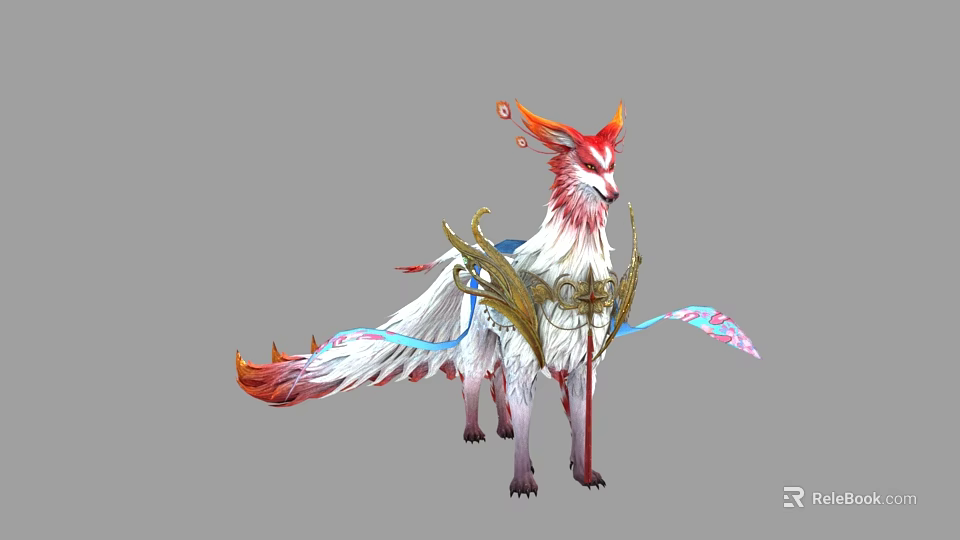Mythical Creature With Red White Fur Golden Ornaments And Flowing Ribbons 3d model 