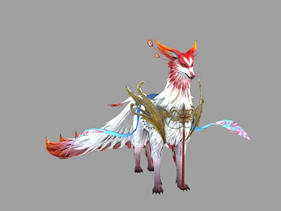 Mythical Creature With Red White Fur Golden Ornaments And Flowing Ribbons 3d model