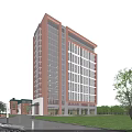 Contemporary High Rise Office Building With Glass Curtain Wall Brick Facade And Large Windows