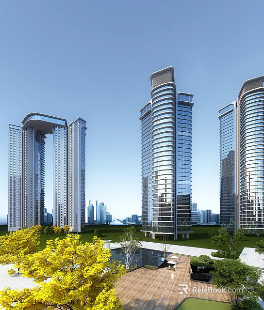 Modern High Rise Residential Buildings With Glass Curtain Walls Green Belt And Urban Background 3d model 