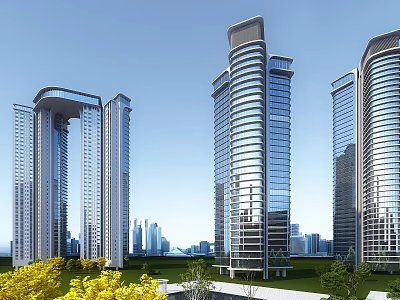 Modern High Rise Residential Buildings With Glass Curtain Walls Green Belt And Urban Background 3d model