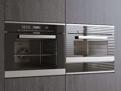 Modern Kitchen With Double Stainless Steel Built In Ovens And Dark Wood Cabinets 3d model
