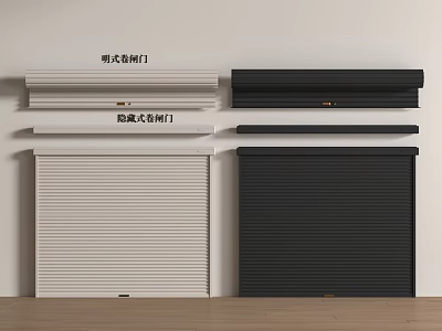 Different Types of Roller Doors Featuring Exposed Concealed Designs and White Black Colors 3d model