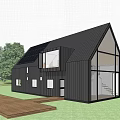 Modern Black Residential Building With Sloped Roof And Large Glass Windows Surrounded By Greenery
