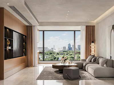 Modern Living Dining Room Interior With Beige Sofa TV Wall And Floor To Ceiling Windows 3d model