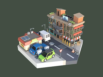 Cartoon City Street Scene With Colorful Buildings Cars Traffic Signs And Street Lamps 3d model