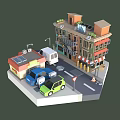 Cartoon City Street Scene With Colorful Buildings Cars Traffic Signs And Street Lamps