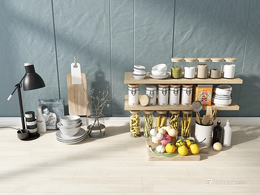 Organized Modern Kitchen Shelf With Glass Spice Jars Dishes And Fresh Fruits 3d model 