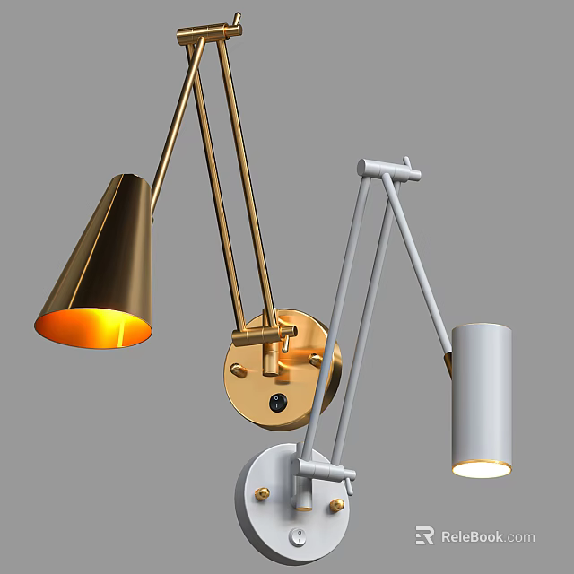Modern Wall Lamps With Adjustable Metal Arms Gold Conical And White Cylindrical Shades 3d model 
