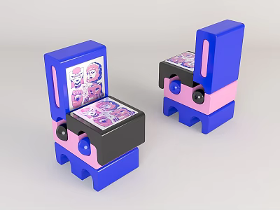 Colorful Blue Pink Leisure Chair With Block Design And Patterned Seat Surface 3d model