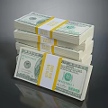 Stacks of 100 Dollar Bills Bound with Yellow Straps Labeled 10000 USD on Dark Surface