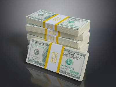 Stacks of 100 Dollar Bills Bound with Yellow Straps Labeled 10000 USD on Dark Surface 3d model