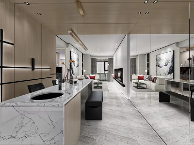 Modern Open Living Dining Room Interior With Marble Countertop And Wooden Cabinets 3d model