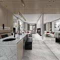 Modern Open Living Dining Room Interior With Marble Countertop And Wooden Cabinets