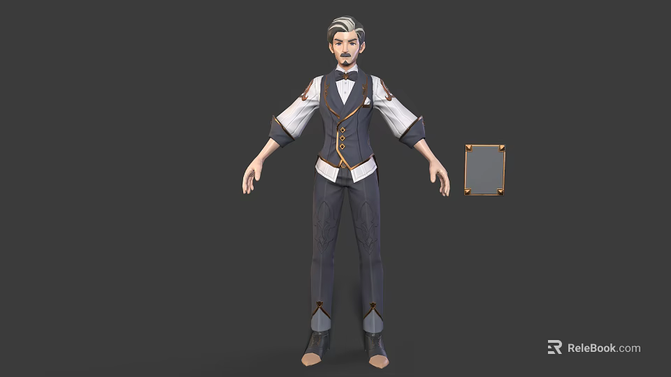 Gray Haired Bearded Male Character In Formal Vest White Shirt With Gold Border Square Item 3d model 