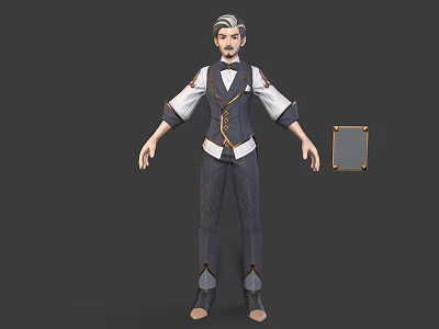 Gray Haired Bearded Male Character In Formal Vest White Shirt With Gold Border Square Item 3d model