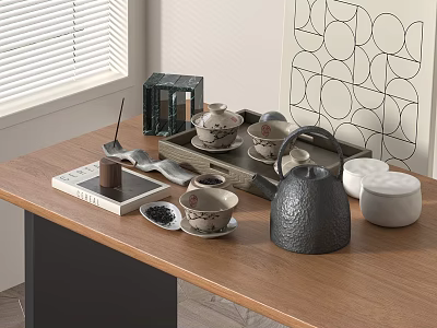 Traditional Tea Set with Teapot Teacups and Iron Kettle on Wooden Table by Window 3d model