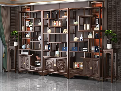 Traditional Wooden Chinese Display Cabinet With Multi Tiered Shelves Carved Details And Decorative Vases Books 3d model