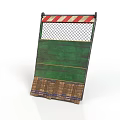 Green Construction Barrier Featuring Red White Striped Top Mesh Panel And Wooden Base