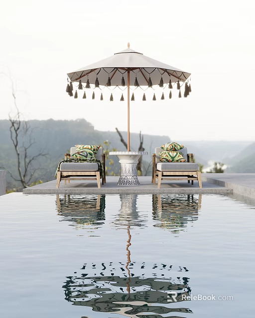 Courtyard Garden With Tassel Umbrella Patterned Cushion Chairs Central Table Pool Reflection And Mountain Backdrop 3d model