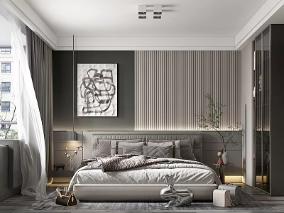 Modern Bedroom With Light Gray Bed Striped Wall Black White Abstract Painting And White Curtains 3d model