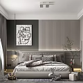Modern Bedroom With Light Gray Bed Striped Wall Black White Abstract Painting And White Curtains