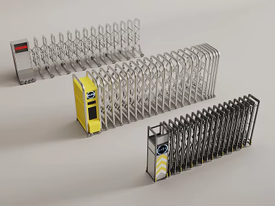 Various Retractable Access Control Barriers With Metal Railings Yellow Control Units And Black Frames 3d model